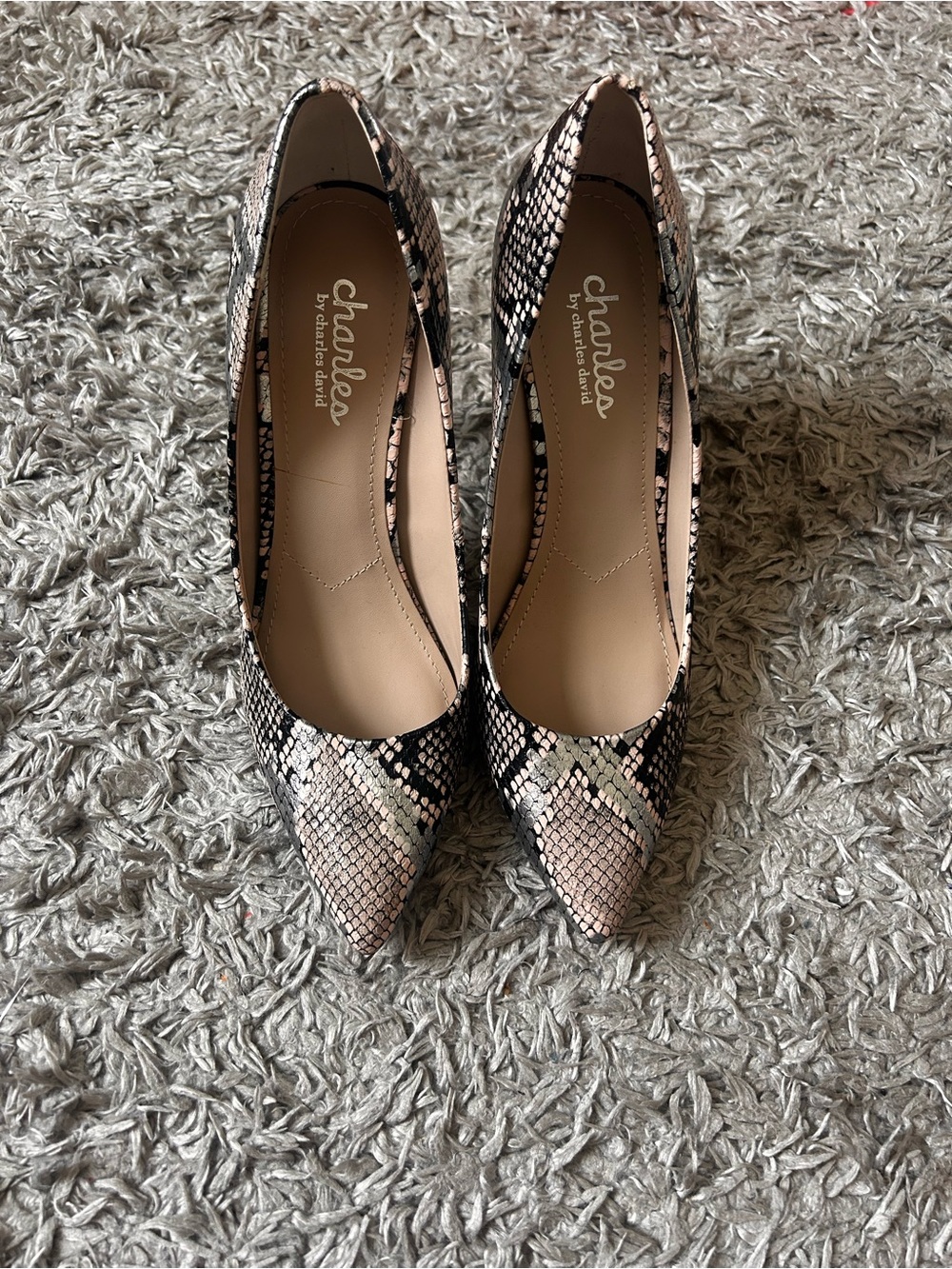 Charles by Charles David Snake-Print Pointed Toe Pumps in Pink and Black